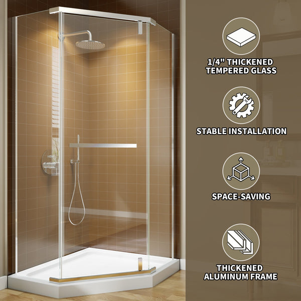 English Elm Corner Frameless Neo-angle Pivot Shower Enclosure with Tempered Glass and Sleek Hardware Chrome W637P348803
