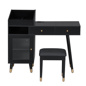 English Elm Modern Makeup Vanity Desk with Reeded Glass Door, 4-Compartment Cubby, Charging Port & Stool Comfortable Craftsmanship for Compact Spaces Black N844P285187B