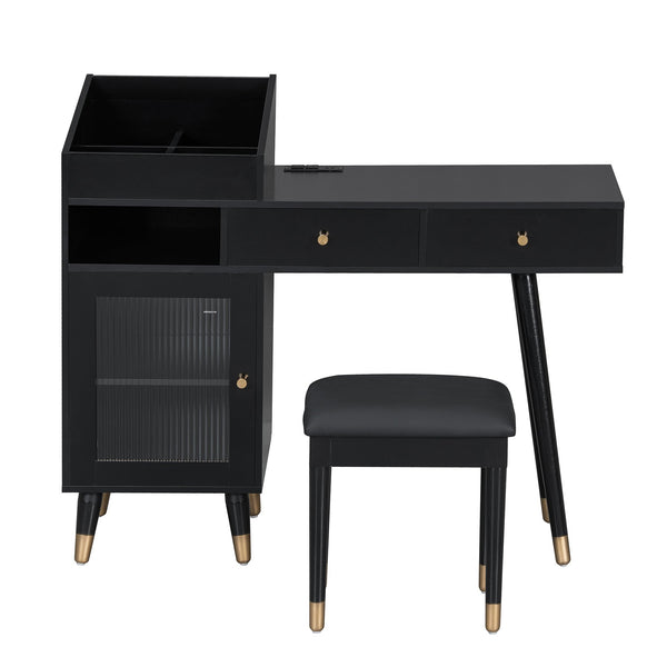 English Elm Modern Makeup Vanity Desk with Reeded Glass Door, 4-Compartment Cubby, Charging Port & Stool Comfortable Craftsmanship for Compact Spaces Black N844P285187B