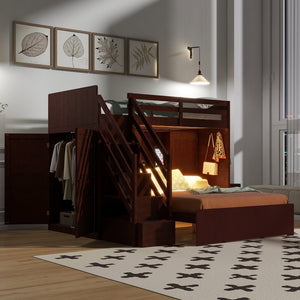 English Elm Twin Over Full Bunk Bed with Wardrobe Storage Stairs Shelves and Usb Charging Espresso LT000292AAP