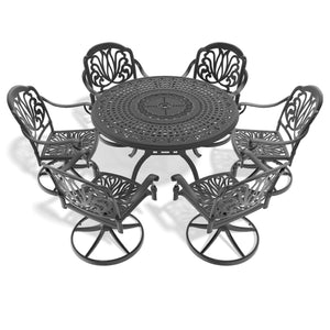 English Elm 7-Piece All-Weather Cast Aluminum Dining Set With Swivel Chairs, Cushions & Umbrella Hole - Black Charm! W1710S00271