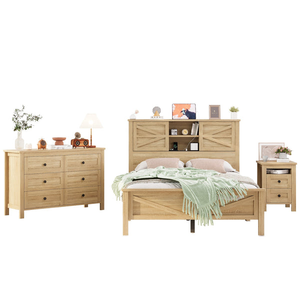 English Elm 3-Pieces Bedroom Set Full Size Farmhouse Platform Bed with Storage Headboard, Nightstand & Dresser Natural 59.25 L x 18.31 W x 8.27 H N733S369048M