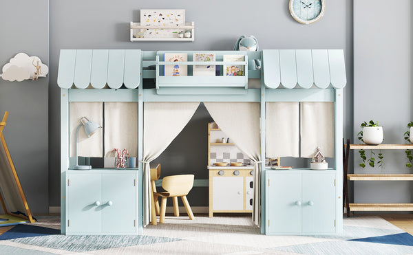 English Elm Twin Loft Bed Cottage-Style Playhouse with Built-In Bookshelf, Curtain & Storage, Safe Guardrails Light Blue W1580S00357
