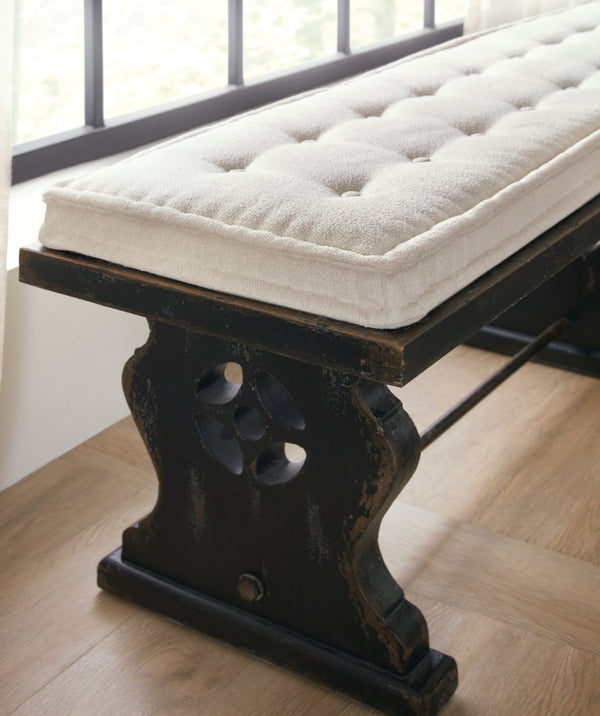Hooker Furniture Ciao Vintage-Style Bench With Reversible Tufted Cushion, Harp Legs & Burnished Brass Stretcher 5805-90019-99