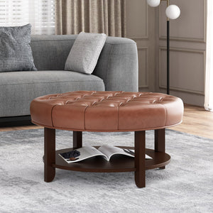 English Elm Round Tufted Pu Leather Ottoman with Open Shelf Storage for Living Room Light Brown 71589.00COGN