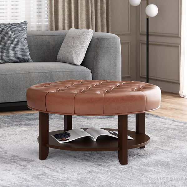 English Elm Round Tufted Pu Leather Ottoman with Open Shelf Storage for Living Room Light Brown 71589.00COGN