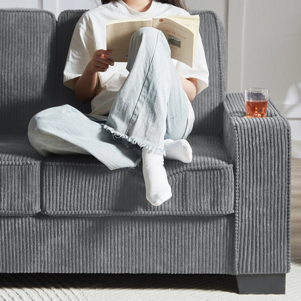English Elm 83.86"Corduroy comfy sofa with resilient sponge & spring cushions, stylish modern 3-seater for living spaces Gray W1359P215066