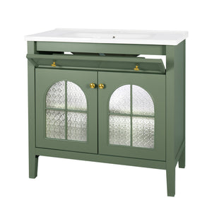 English Elm 35.6" Freestanding Bathroom Vanity with Roman Column Base and Ceramic Integrated Sink Green W1801S00014