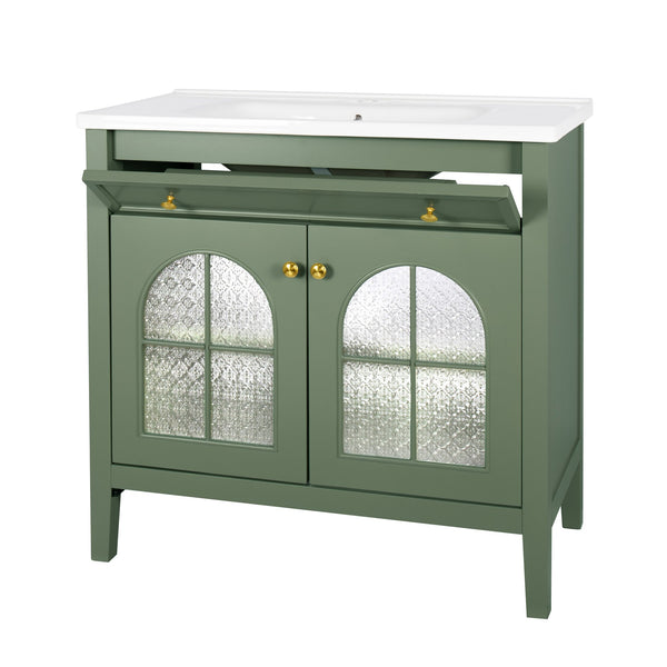 English Elm 35.6" Freestanding Bathroom Vanity with Roman Column Base and Ceramic Integrated Sink Green W1801S00014