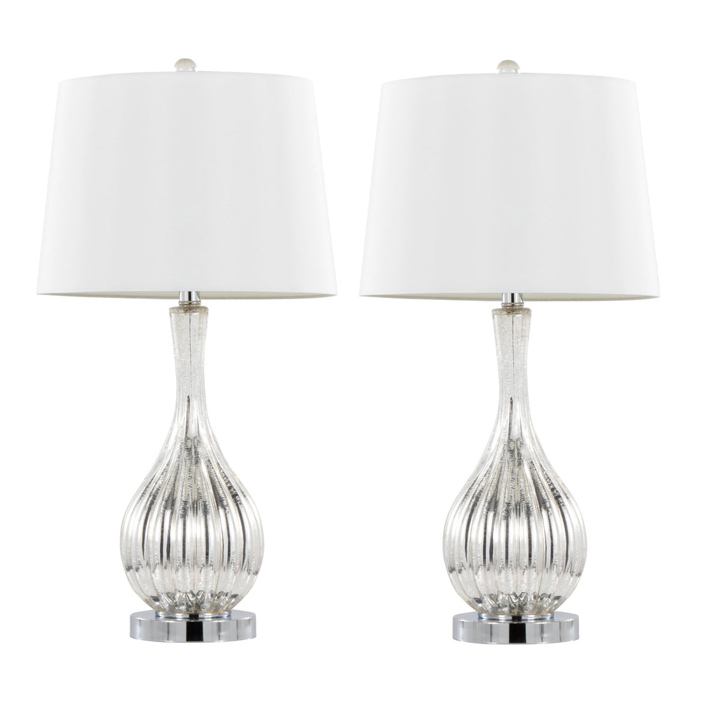 English Elm Glass Crackle Silver Table Lamp Set with Chrome Hardware and White Linen Shade Pair B202P471588