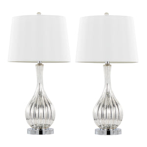English Elm Glass Crackle Silver Table Lamp Set with Chrome Hardware and White Linen Shade Pair B202P471588