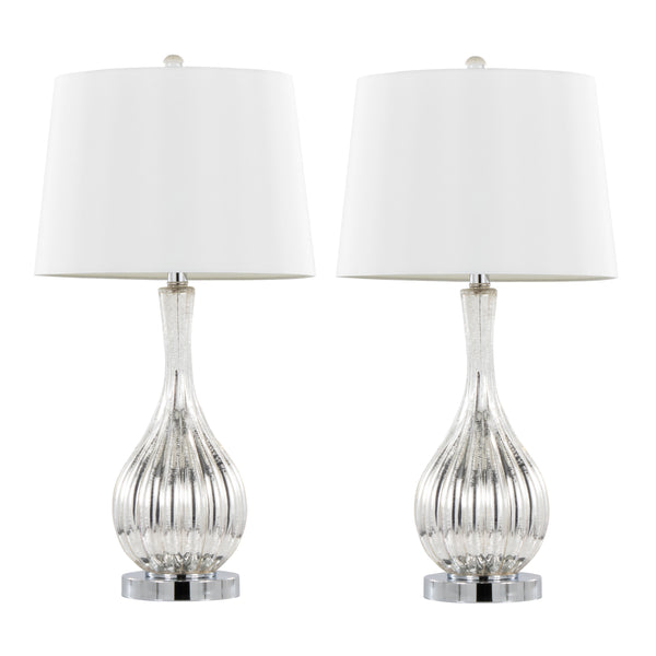 English Elm Glass Crackle Silver Table Lamp Set with Chrome Hardware and White Linen Shade Pair B202P471588