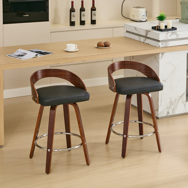 English Elm Bar Stools Set of 2 Mid-century Swivel Walnut Wood Frame with Cushioned Seat Black Pu W1143P173431