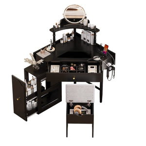 English Elm Corner Vanity Desk Set with Stool Charging Station Glass Top Pull-Out Cabinet Jewelry Organizer Black 35.82 L x 32 W x 8 H N733P336237B