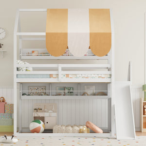 English Elm Full Size Wood Loft Bed with Canopy Slide and Built in Bookshelves for Kids White N7090005021K