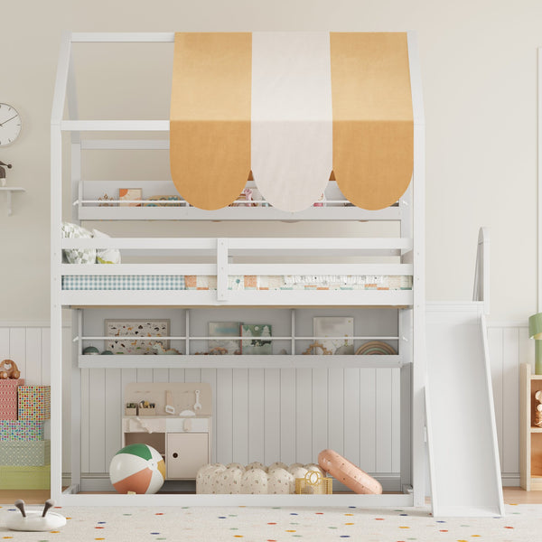 English Elm Full Size Wood Loft Bed with Canopy Slide and Built in Bookshelves for Kids White N7090005021K