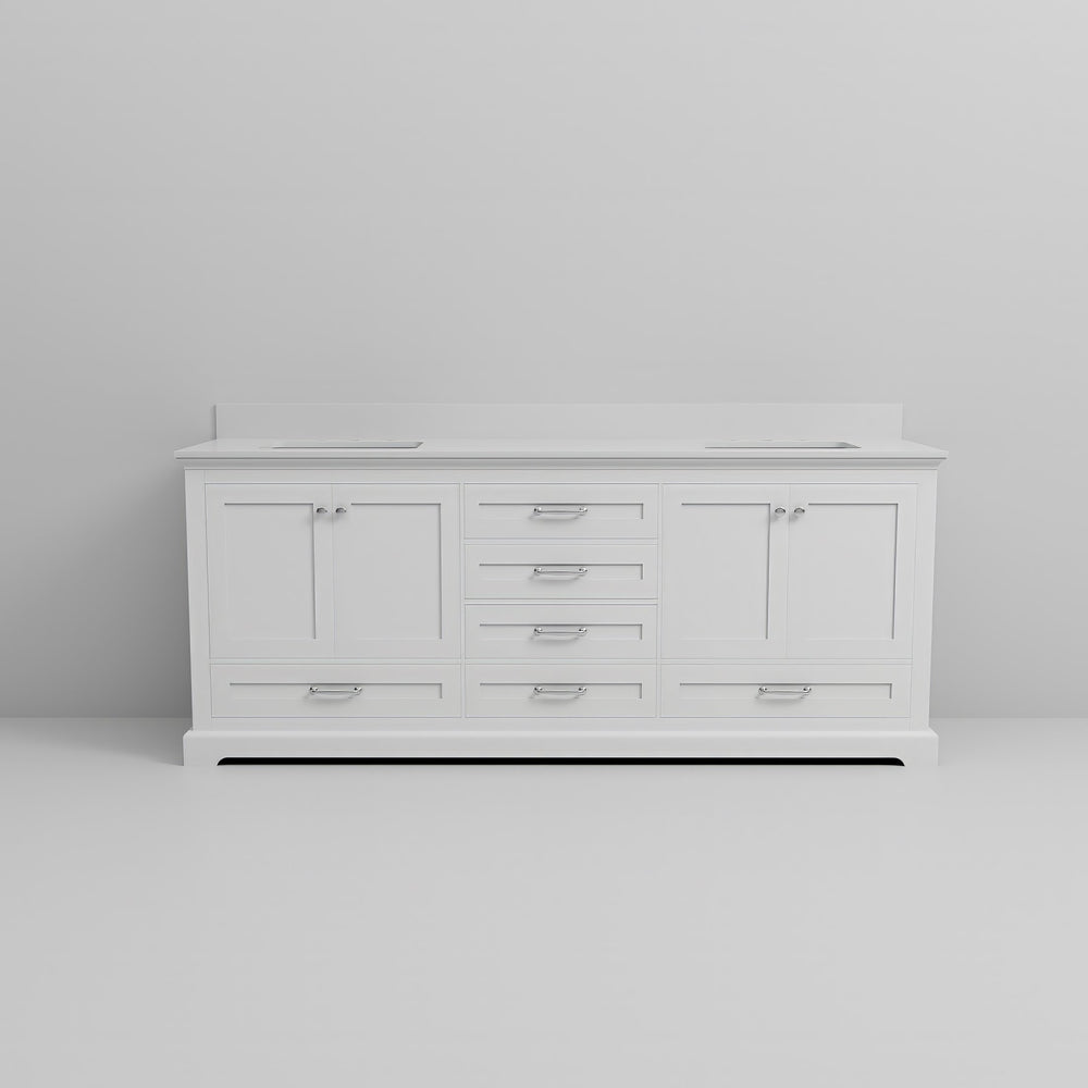 English Elm White Double Bath Vanity 80 in W x 22 in D with White Quartz Top, Solid Wood Frame, Soft-Close Drawers, Spacious Storage, Scratch-Resistant Countertop, Pre-Drilled 8 in Faucet 설치 B2731P258262