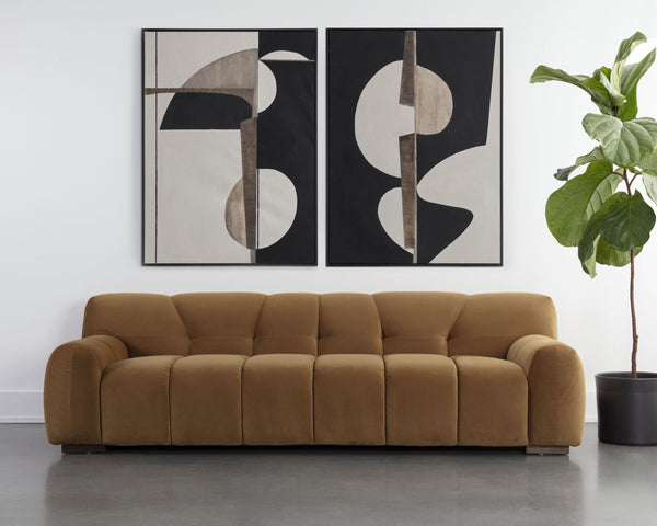 Sunpan Romy Sofa - Plush Meg Gold Upholstery & Distressed Brown Birch Legs for Ultimate Comfort & Style