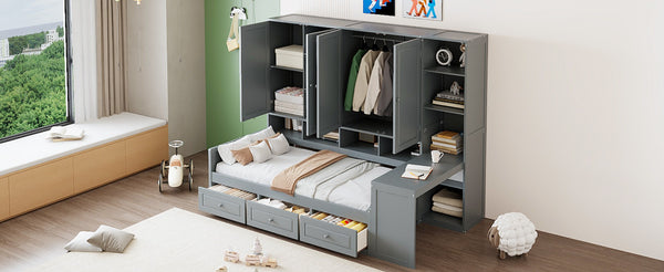 English Elm Twin Size Wooden Daybed With Integrated Desk, Storage Drawers, And Shelves - Stylish Gray Design! N820S00054E-GIGA