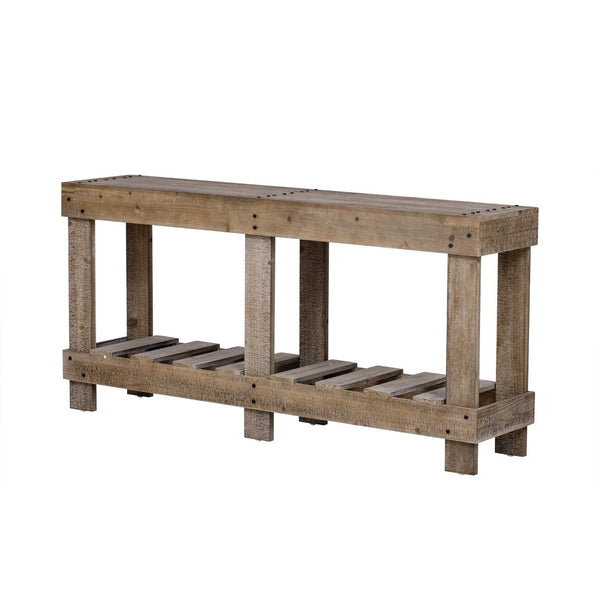 English Elm U_Style 62.9" Vintage Console Table - Solid Fir Wood, Antique Metal Rivets & Under-Shelf Storage Option N711P289135O-GIGA