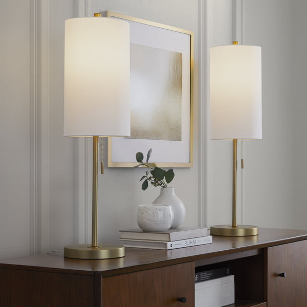 English Elm Metal Buffet Lamps with Gold Finish White Linen Shade and Usb Port Set of 2 B202P471590