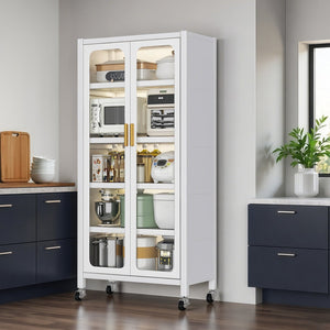 English Elm 65" Kitchen Pantry Cabinet with Transparent Double Doors, 6-Tier Adjustable Metal Shelves on Wheels, White Durable Storage Solution W3204P383016
