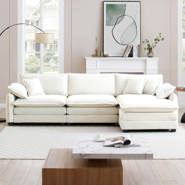 English Elm Oversize L-Shaped Sectional Sofa With Ottoman - Plush White Corduroy, Stylish Comfort For Any Room W714S00690-GIGA