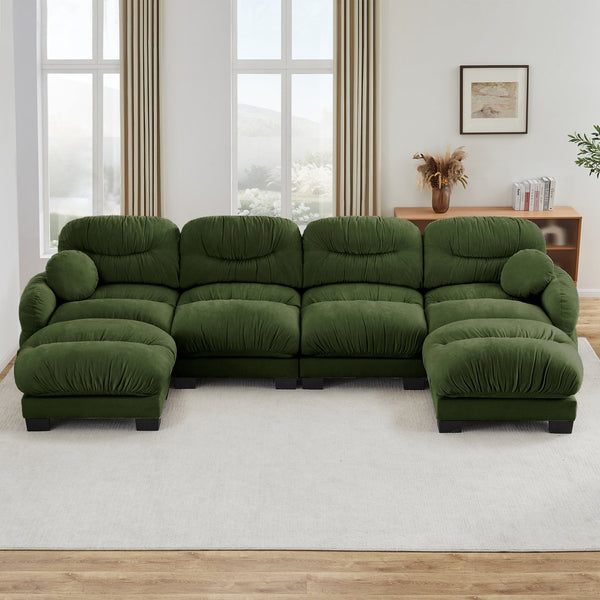 English Elm Pleated Chenille U-shape Modular Sectional Sofa with Ottomans and Ergonomic Foam Cushions Green W5656S00054