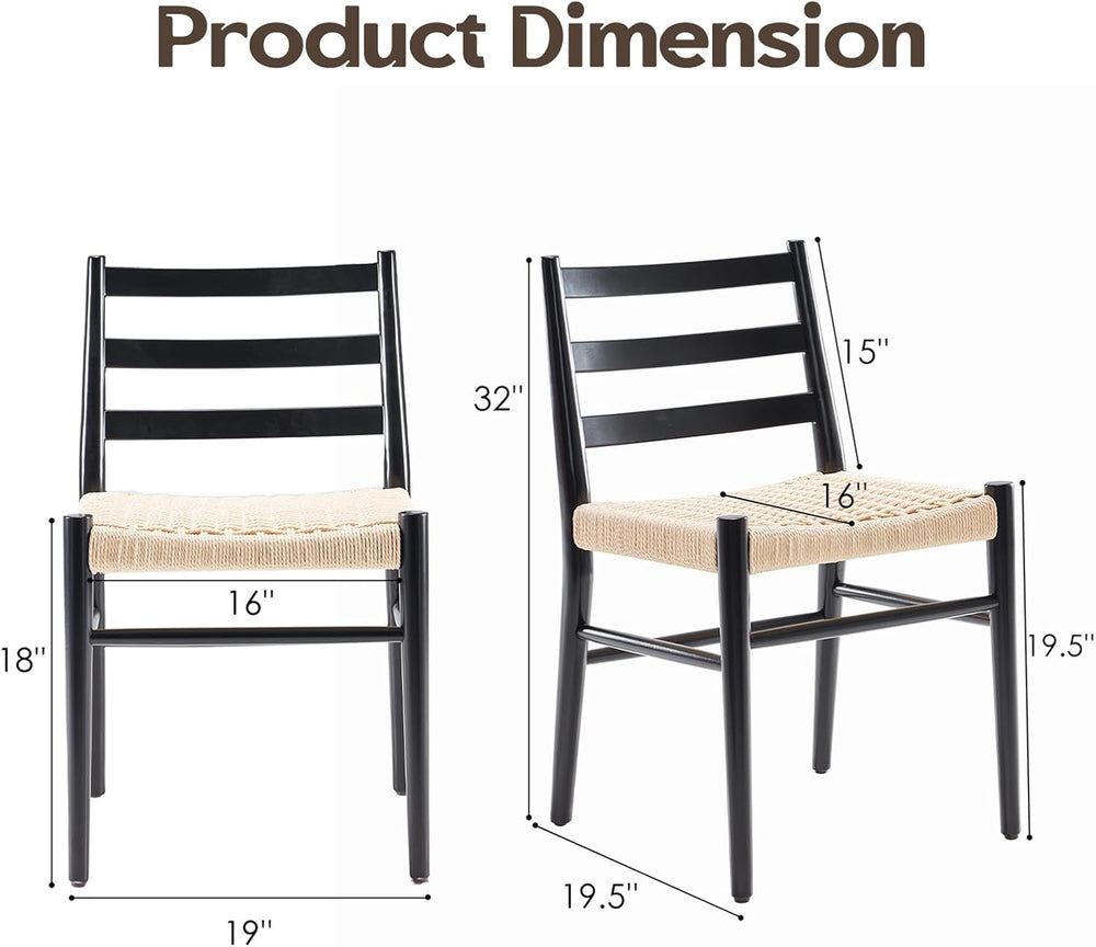 English Elm Dining Chairs with Handwoven Rope Seats and Iron Frame Mid Century Modern Set of 2 Black+Beige T3623P438618