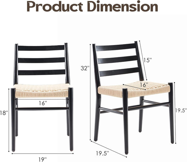 English Elm Dining Chairs with Handwoven Rope Seats and Iron Frame Mid Century Modern Set of 2 Black+Beige T3623P438618