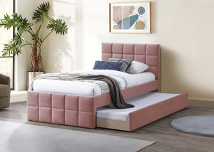 English Elm Contemporary Full Upholstered Trundle Bed Brushed Linen Grid Stitch Low Profile Frame Light Pink B011S02068