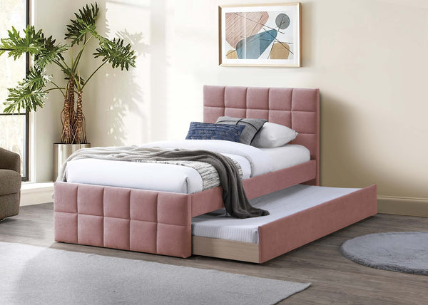 English Elm Contemporary Full Upholstered Trundle Bed Brushed Linen Grid Stitch Low Profile Frame Light Pink B011S02068