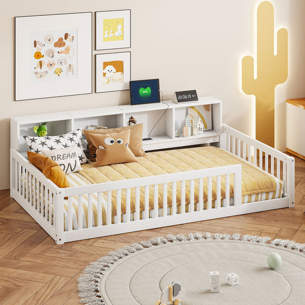 English Elm Wood Twin XL Floor Bed with Built-In Storage Cabinets, USB Charging Ports, Space-Saving Design White N709P205811K