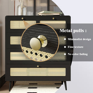 English Elm 4 Drawer Dresser Black - Modern Rattan-Front Chest with Wide Metal-Handle Drawers, Durable MDF Storage W2227P144261