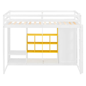 English Elm Twin Loft Bed with Wardrobe Shelves and Cabinet Kids Bedroom Wood Storage Frame Yellow+White N708S00023K
