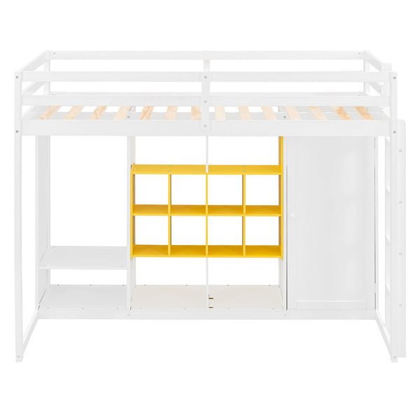 English Elm Twin Loft Bed with Wardrobe Shelves and Cabinet Kids Bedroom Wood Storage Frame Yellow+White N708S00023K