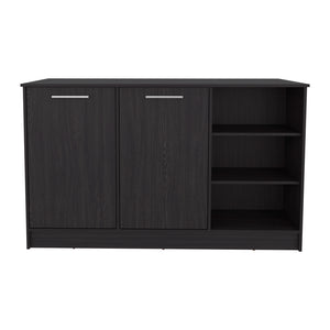 English Elm Kitchen Island Leoti Black Engineered Wood with European Ash Countertop, 2 Cabinets for Storage B092S00286