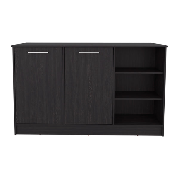 English Elm Kitchen Island Leoti Black Engineered Wood with European Ash Countertop, 2 Cabinets for Storage B092S00286