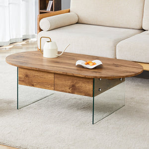 English Elm Coffee modern wood coffee table with double drawers, tempered glass sides, sleek storage & easy assembly W1151P191785