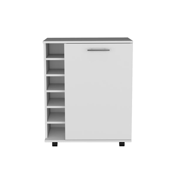 English Elm Wick White Bar Cart with Wine Rack, Cabinet Storage & Smooth Casters — Compact 25.8" Top Surface B200P188880