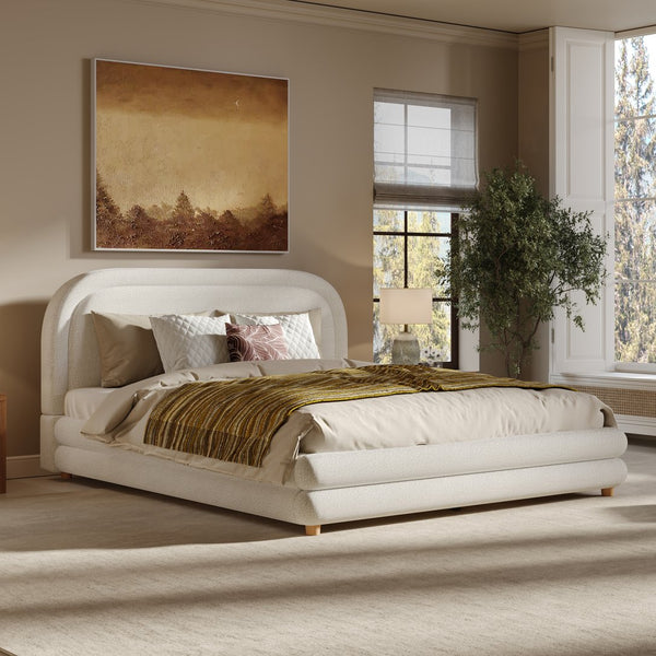 English Elm Queen Boucle Upholstered Bed Sculpted Arch Headboard Solid Wood Legs Boutique Style N757Q380929W