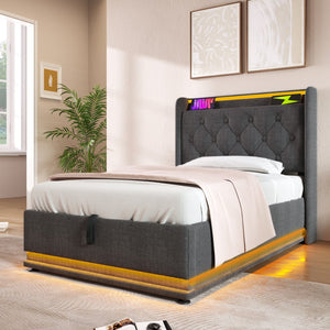 English Elm Twin Upholstered Bed with Hydraulic Storage, Surround LED, App/Remote Control & USB Type-C Charging Gray N736P188805G