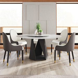 English Elm 59.05" Round Sintered Stone Dining Table with Lazy Susan Iron Base Seats 8 Black,White W1535S00640