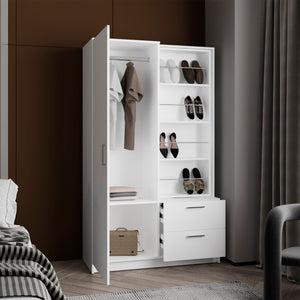English Elm Vinco White Armoire with Mirror, 1 Door, 2 Drawers, 6 Shelves, Hidden Shoe Rack & Hanging Rod B097S00233
