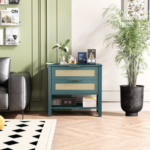 English Elm Rattan Front Boho Coastal Nightstand with Gold Pulls Open Shelf and Woven Drawer Accents Green T3210P471550