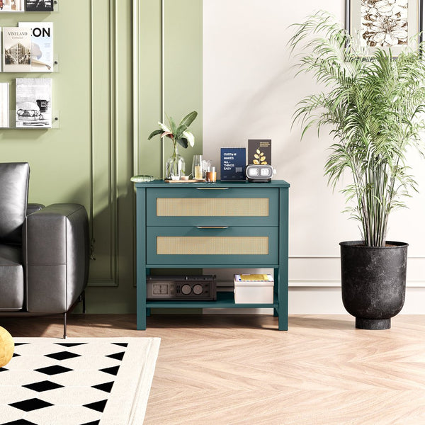 English Elm Rattan Front Boho Coastal Nightstand with Gold Pulls Open Shelf and Woven Drawer Accents Green T3210P471550