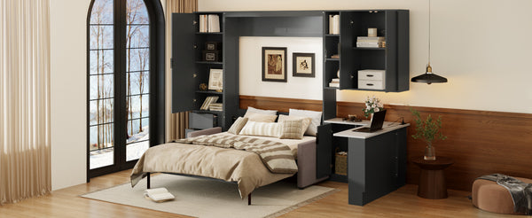 English Elm Queen Murphy Wall Bed Hydraulic Lift Velvet Sofa Built-in Shelves Led Studio Unit Dark Gray LP000392AAE