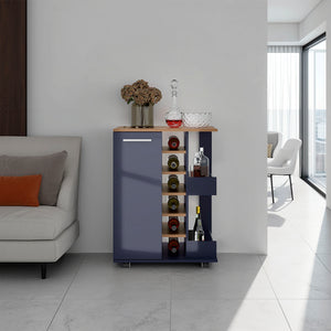 English Elm Bar Cart Alby Blue & Natural Oak 32.3" H with 1 Door and 10 Shelves — Compact Stylish Storage Solution B097P395893