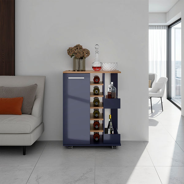 English Elm Bar Cart Alby Blue & Natural Oak 32.3" H with 1 Door and 10 Shelves — Compact Stylish Storage Solution B097P395893