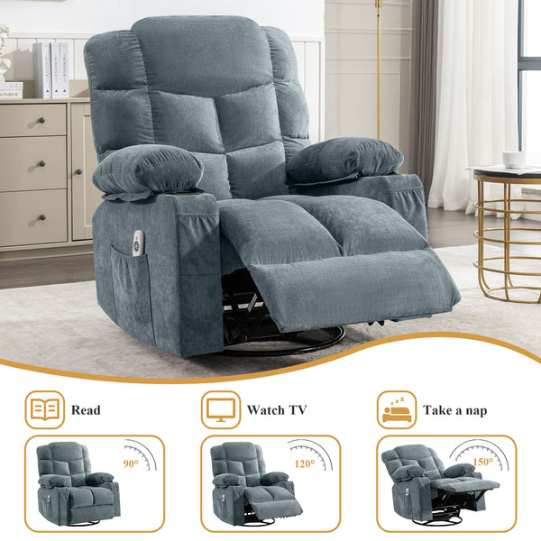 English Elm Oversized Swivel Recliner with Massage Heating Linen Upholstery and Usb Port W1521P411667